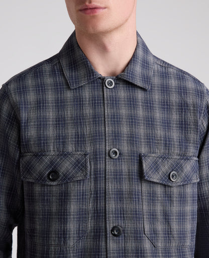 Dark Blue Plaid Cotton Stretch Shacket