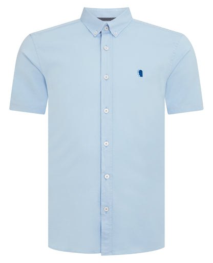 Man wearing a blue Slim Fit Cotton Stretch Shirt
