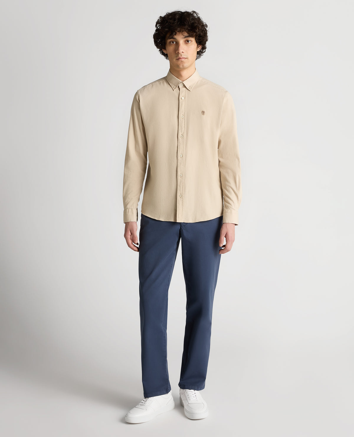 Man wearing a sand Slim Fit Cotton Stretch Shirt
