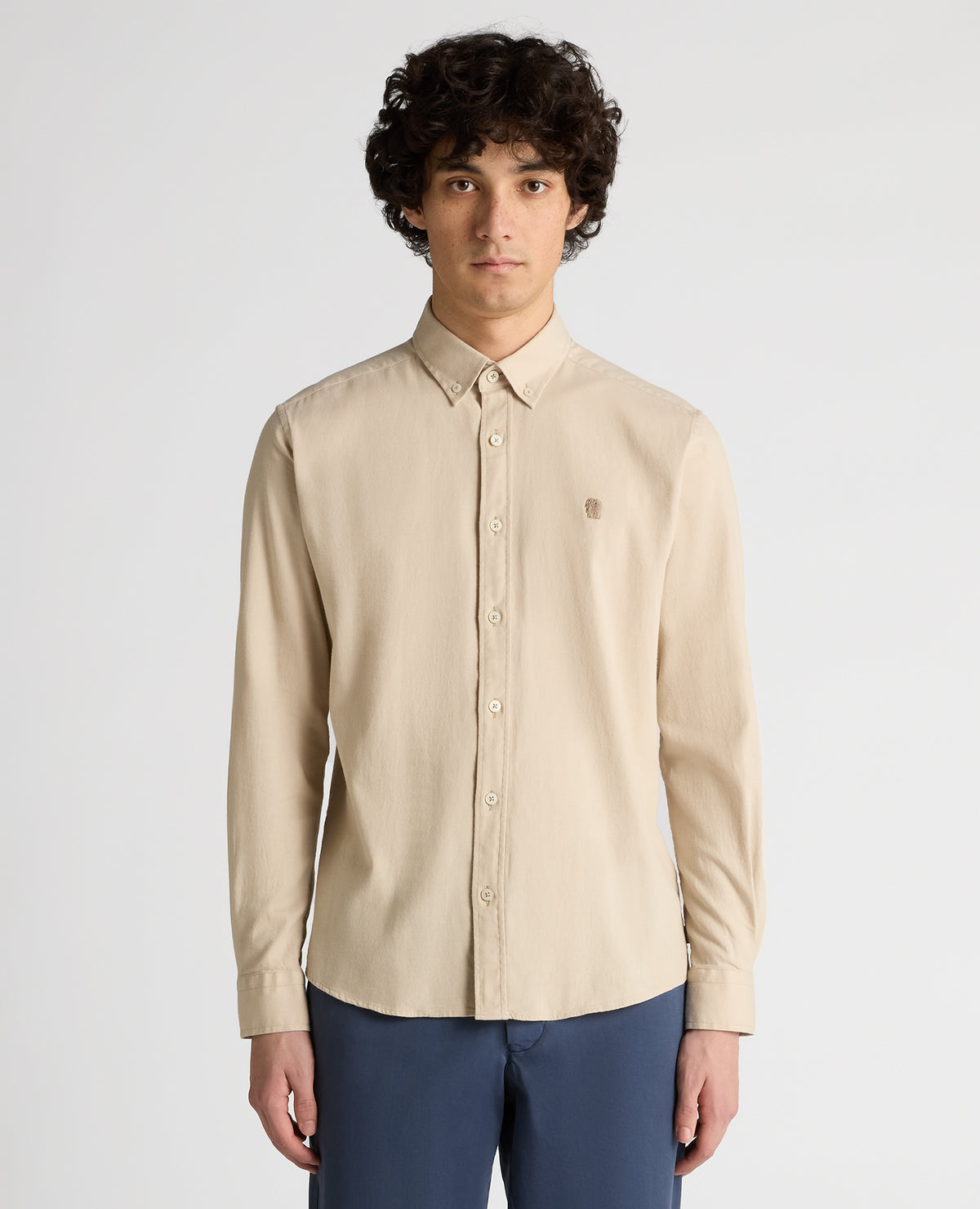 Man wearing a sand Slim Fit Cotton Stretch Shirt
