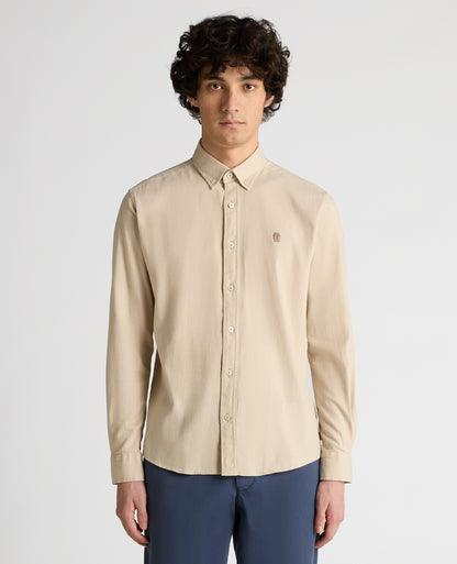 Man wearing a sand Slim Fit Cotton Stretch Shirt