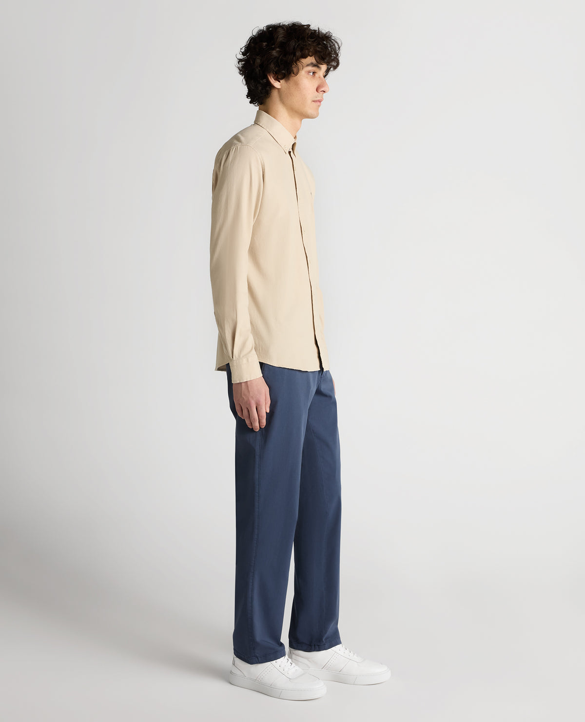 Man wearing a sand Slim Fit Cotton Stretch Shirt