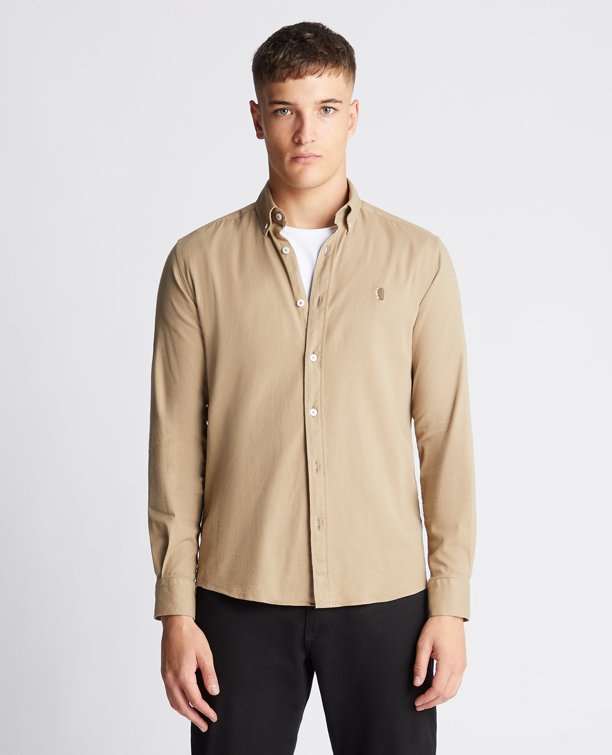 Man wearing a sand Slim Fit Cotton Stretch Shirt