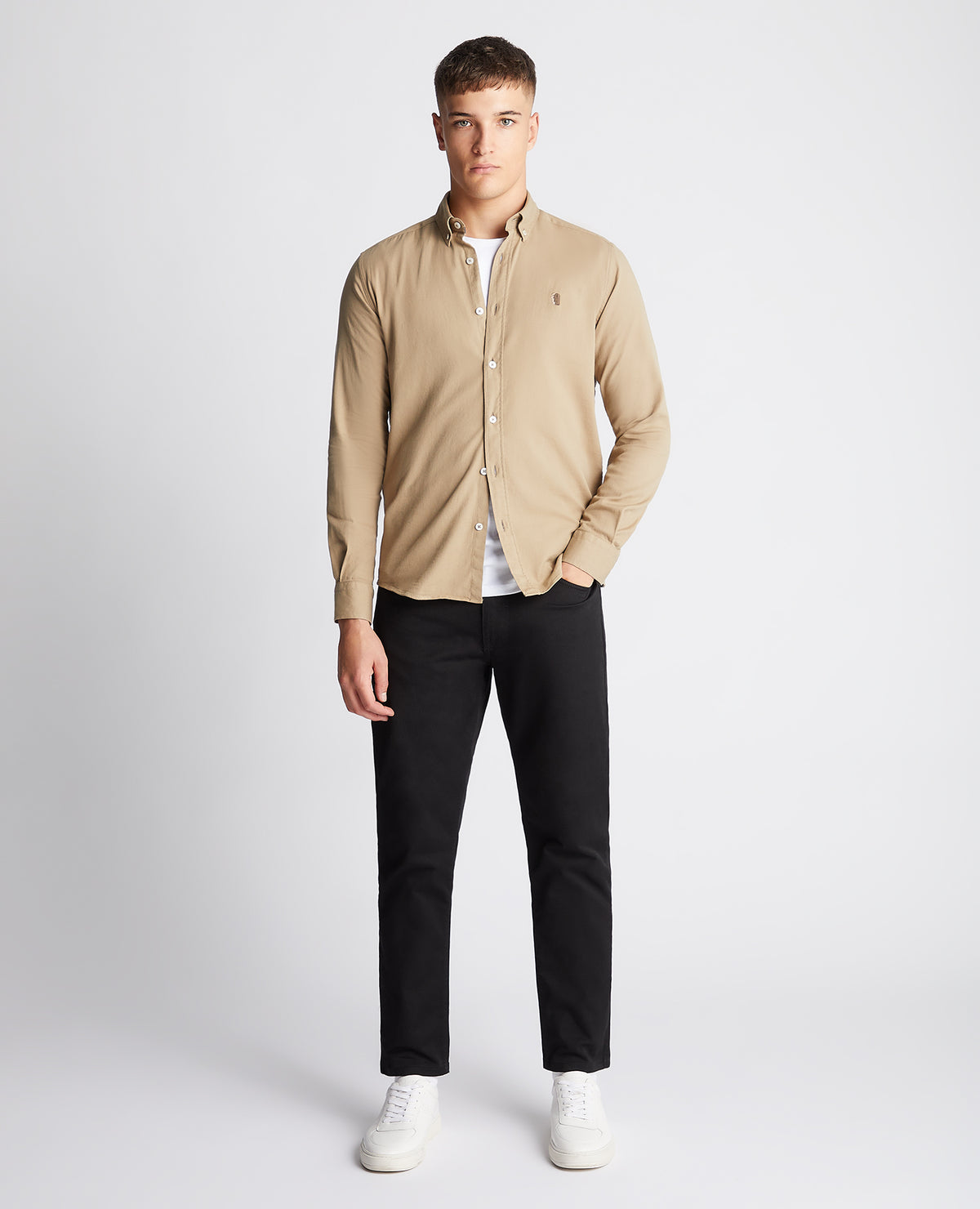 Man wearing a sand Slim Fit Cotton Stretch Shirt