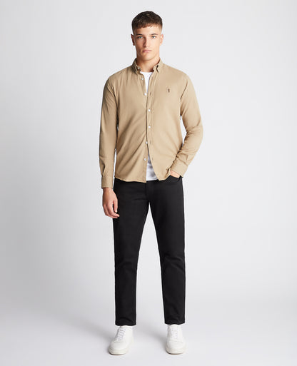 Man wearing a sand Slim Fit Cotton Stretch Shirt