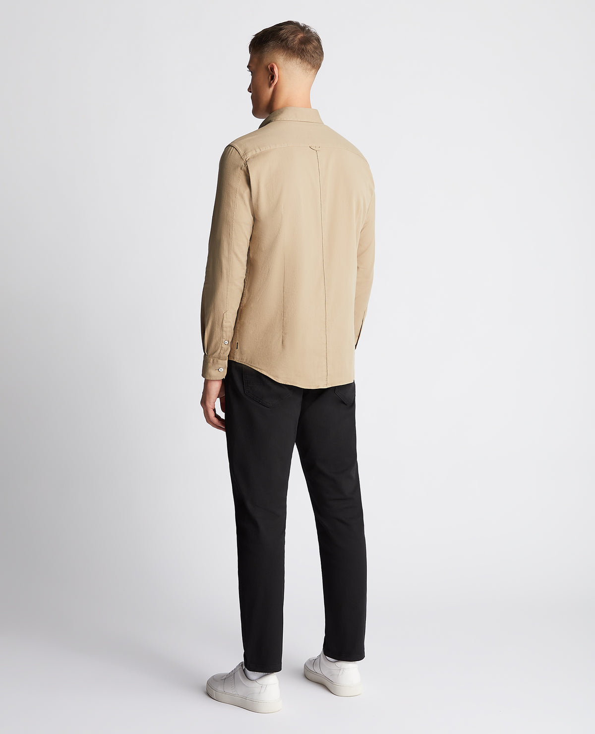 Man wearing a sand Slim Fit Cotton Stretch Shirt
