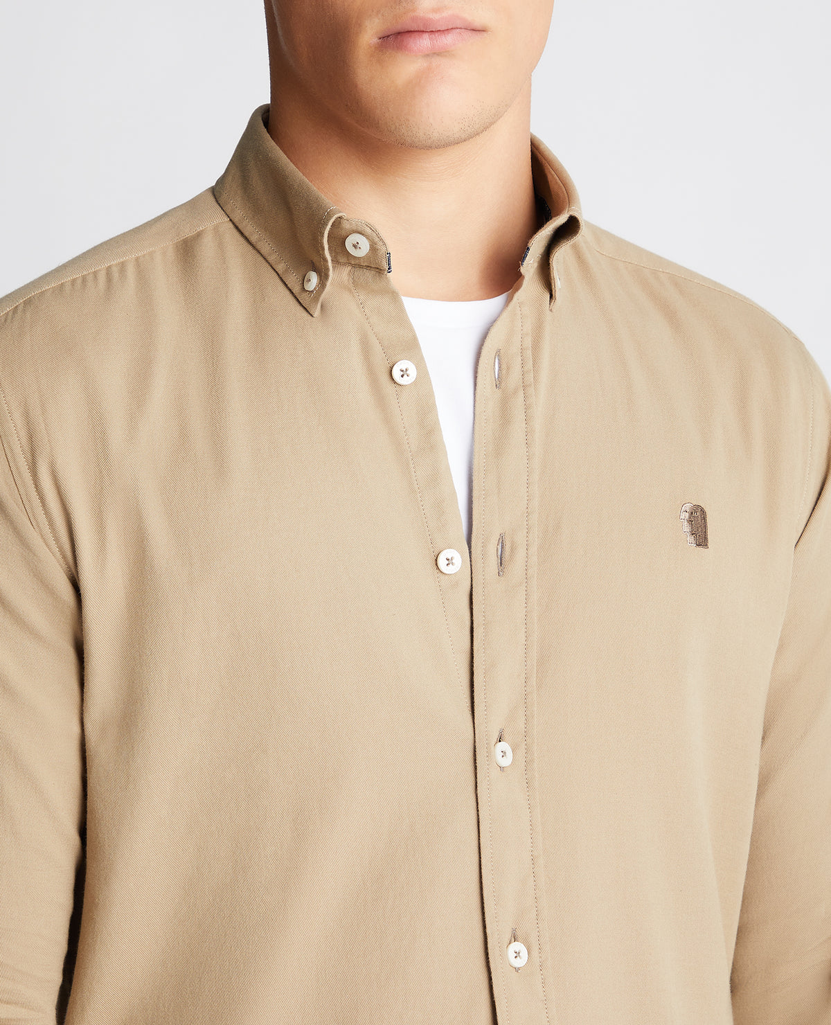 Man wearing a sand Slim Fit Cotton Stretch Shirt