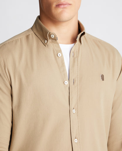 Man wearing a sand Slim Fit Cotton Stretch Shirt