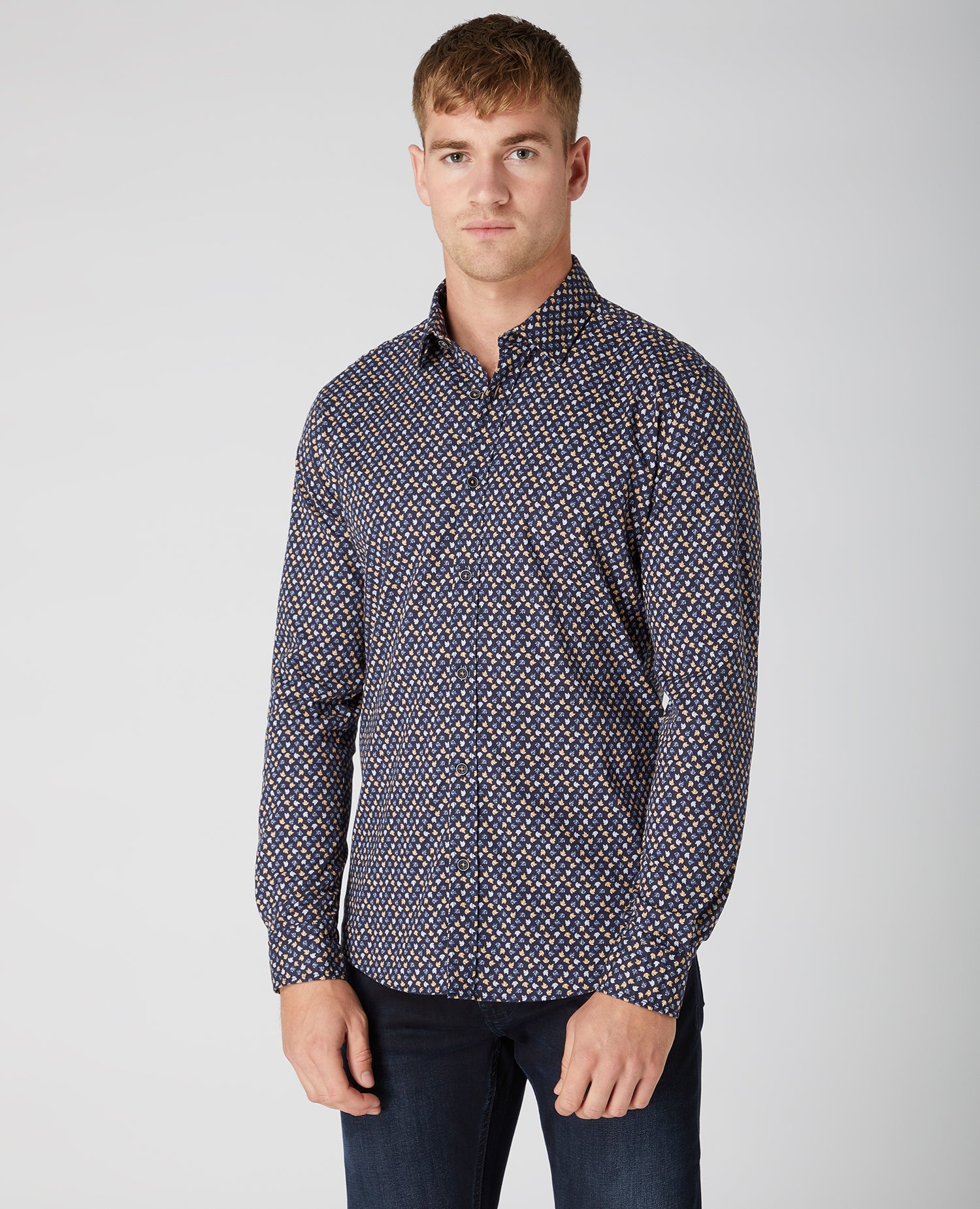 Tapered Fit Print Cotton Stretch Shirt