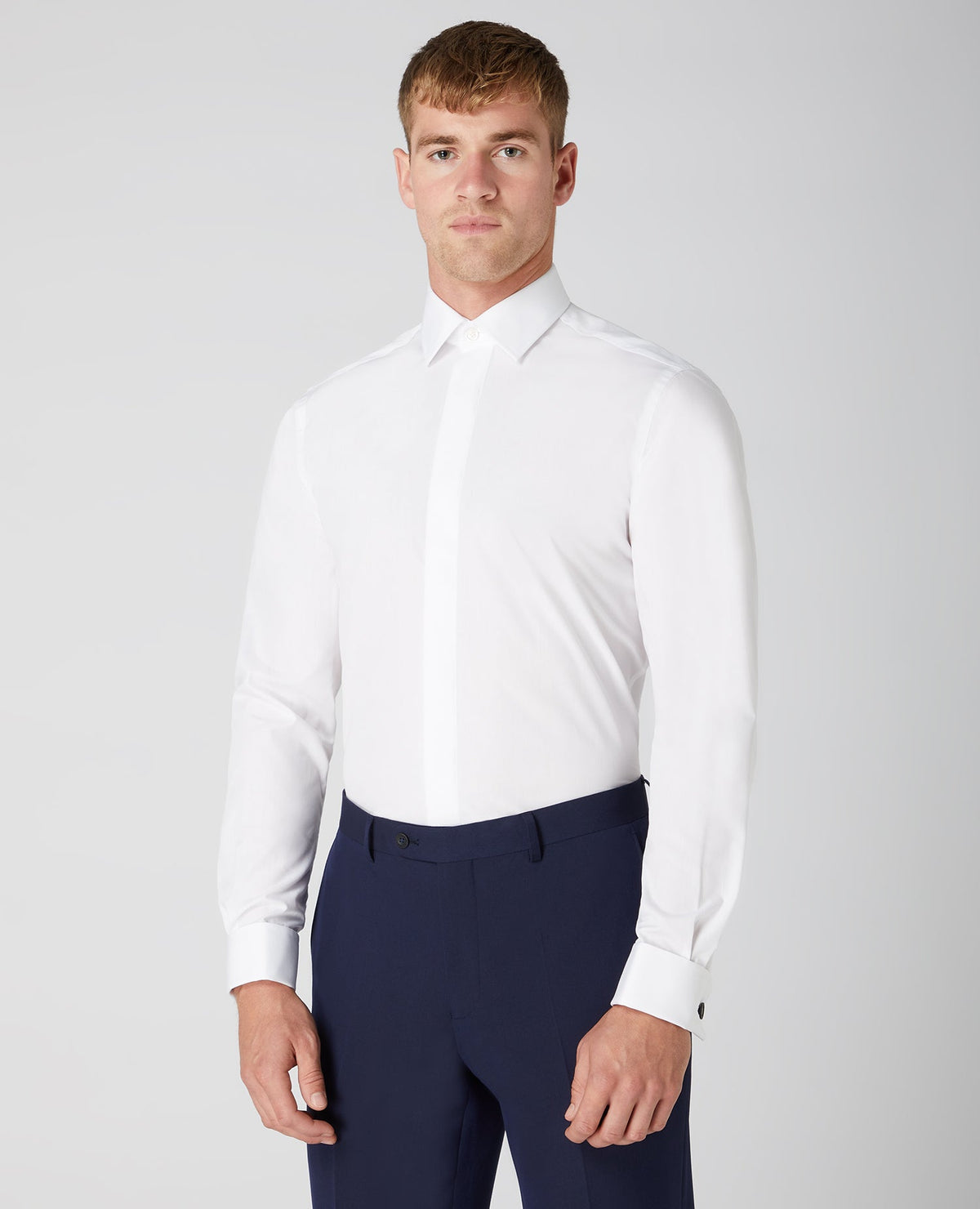 Man wearing a white Tapered Fit Cotton-Blend Shirt