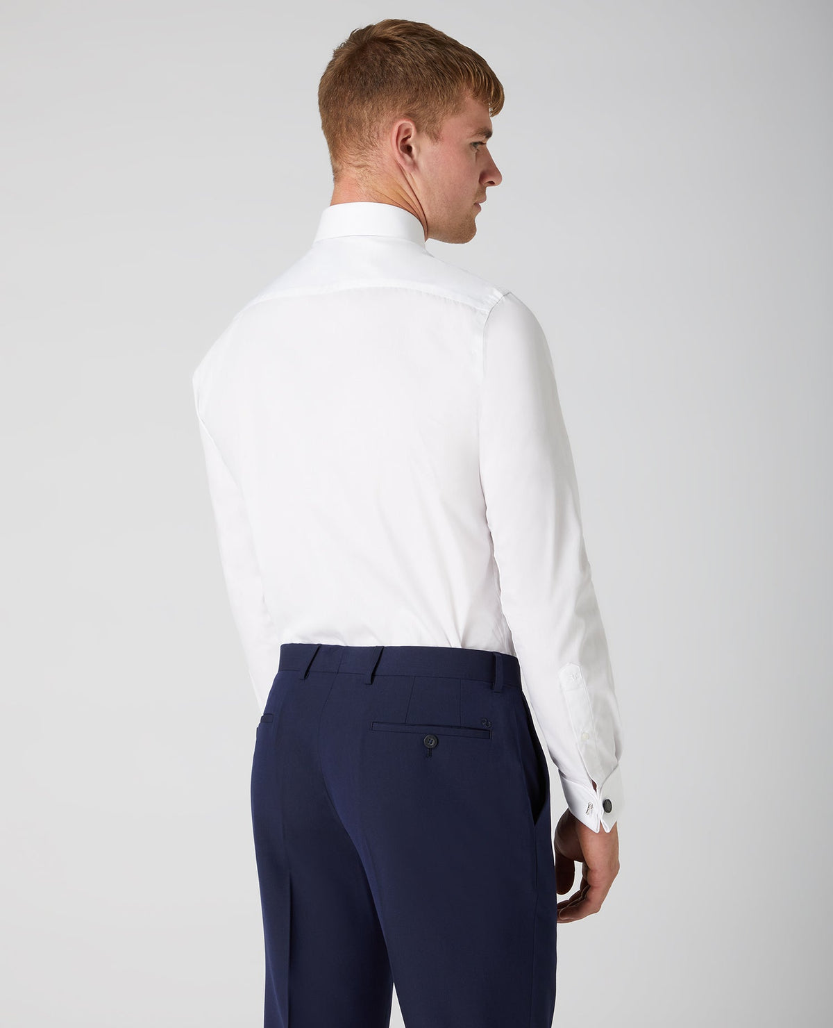Man wearing a white Tapered Fit Cotton-Blend Shirt