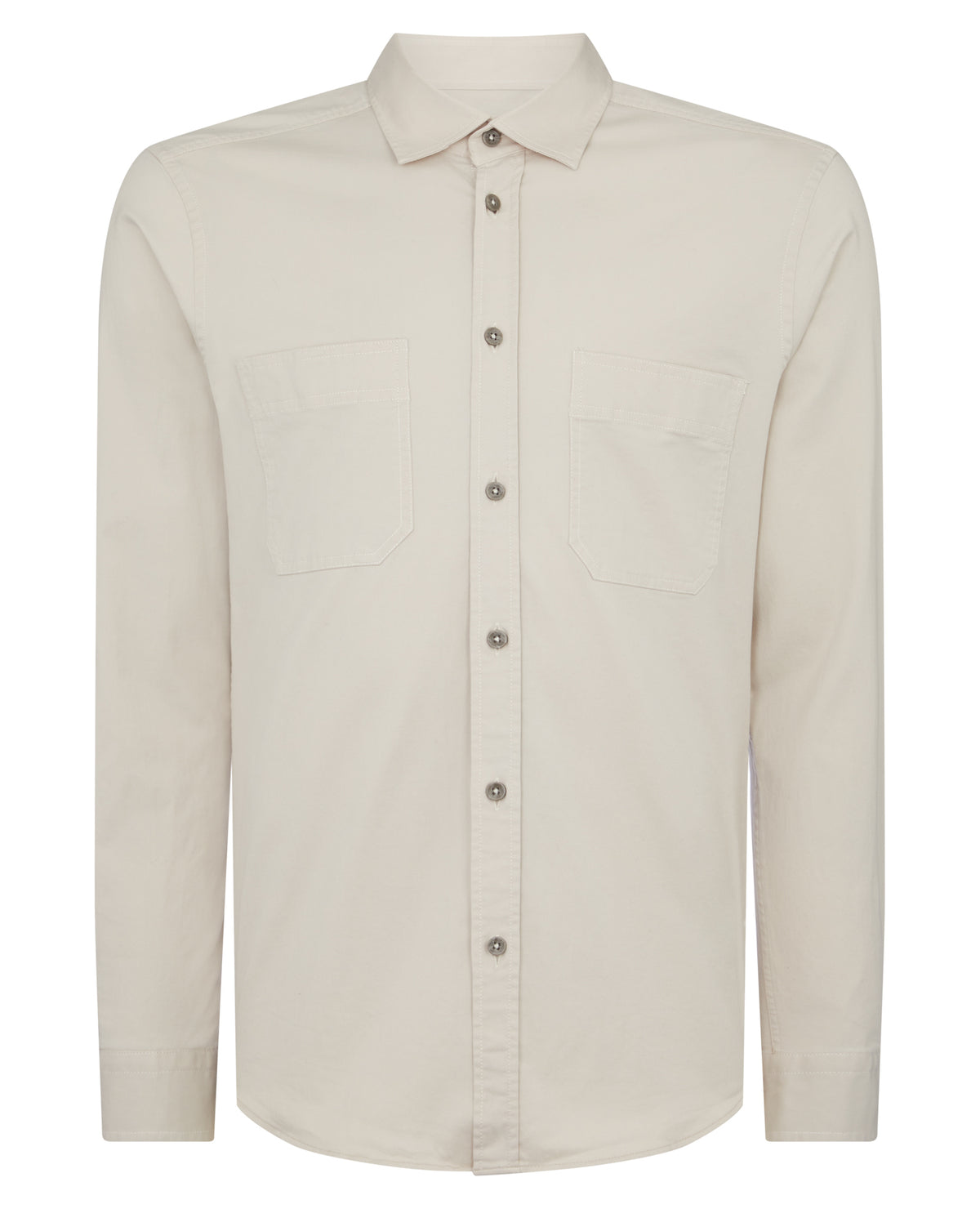Man wearing a sand Tapered Fit Cotton Stretch Shirt