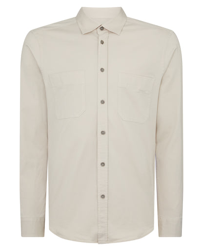 Man wearing a sand Tapered Fit Cotton Stretch Shirt