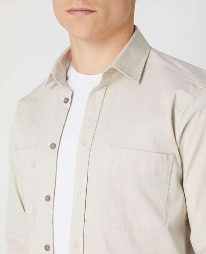 Man wearing a sand Tapered Fit Cotton Stretch Shirt