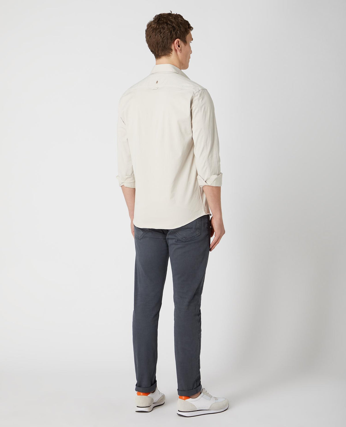 Man wearing a sand Tapered Fit Cotton Stretch Shirt