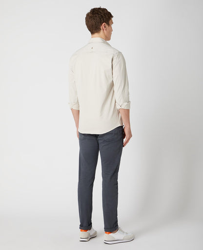 Man wearing a sand Tapered Fit Cotton Stretch Shirt