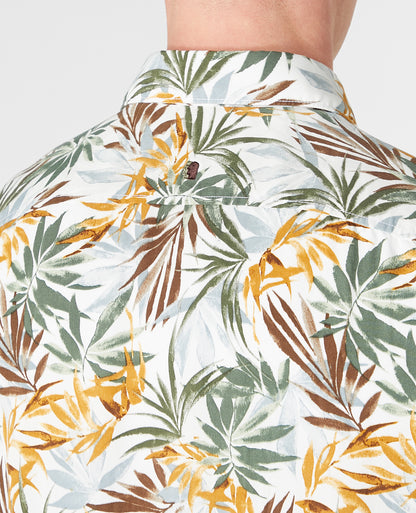 Man wearing a white and brown casual shirt