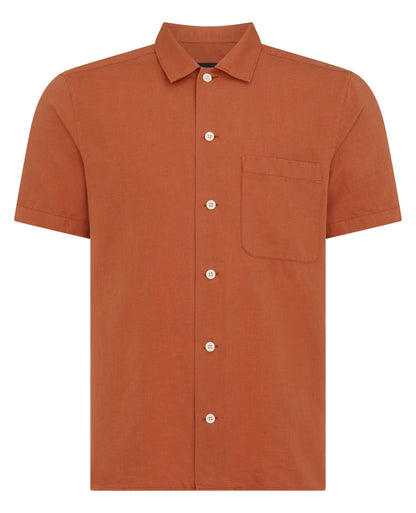 Man wearing a orange Tapered Fit Linen-Blend Short Sleeve Shirt