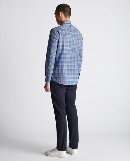 Man wearing a blue Tapered Fit Checked Cotton-Blend Shirt