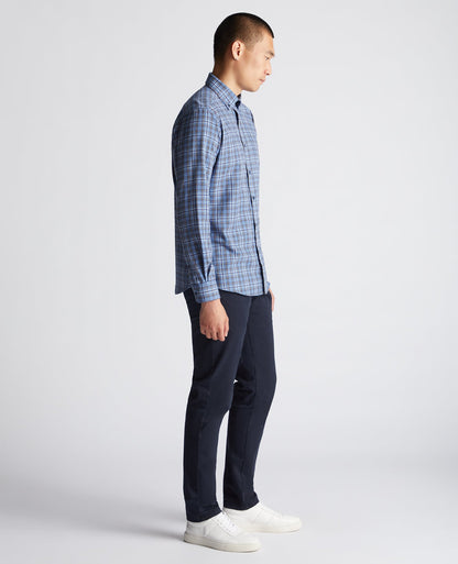 Man wearing a blue Tapered Fit Checked Cotton-Blend Shirt