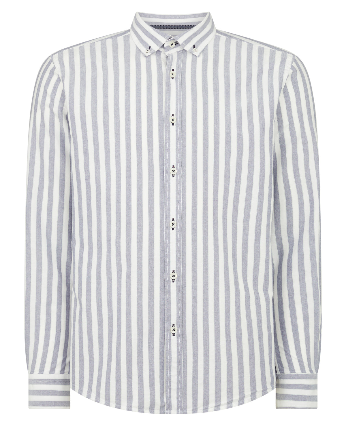 Man wearing a navy Tapered Fit Striped Cotton Shirt