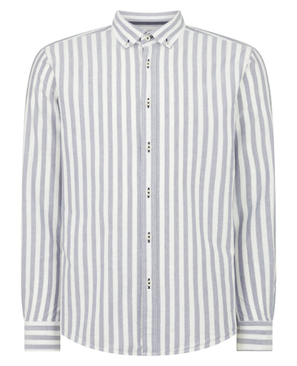 Man wearing a navy Tapered Fit Striped Cotton Shirt