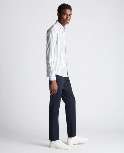 Man wearing a navy Tapered Fit Striped Cotton Shirt