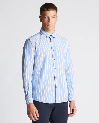 Man wearing a blue Tapered Fit Striped Cotton Shirt