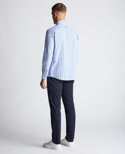 Man wearing a blue Tapered Fit Striped Cotton Shirt