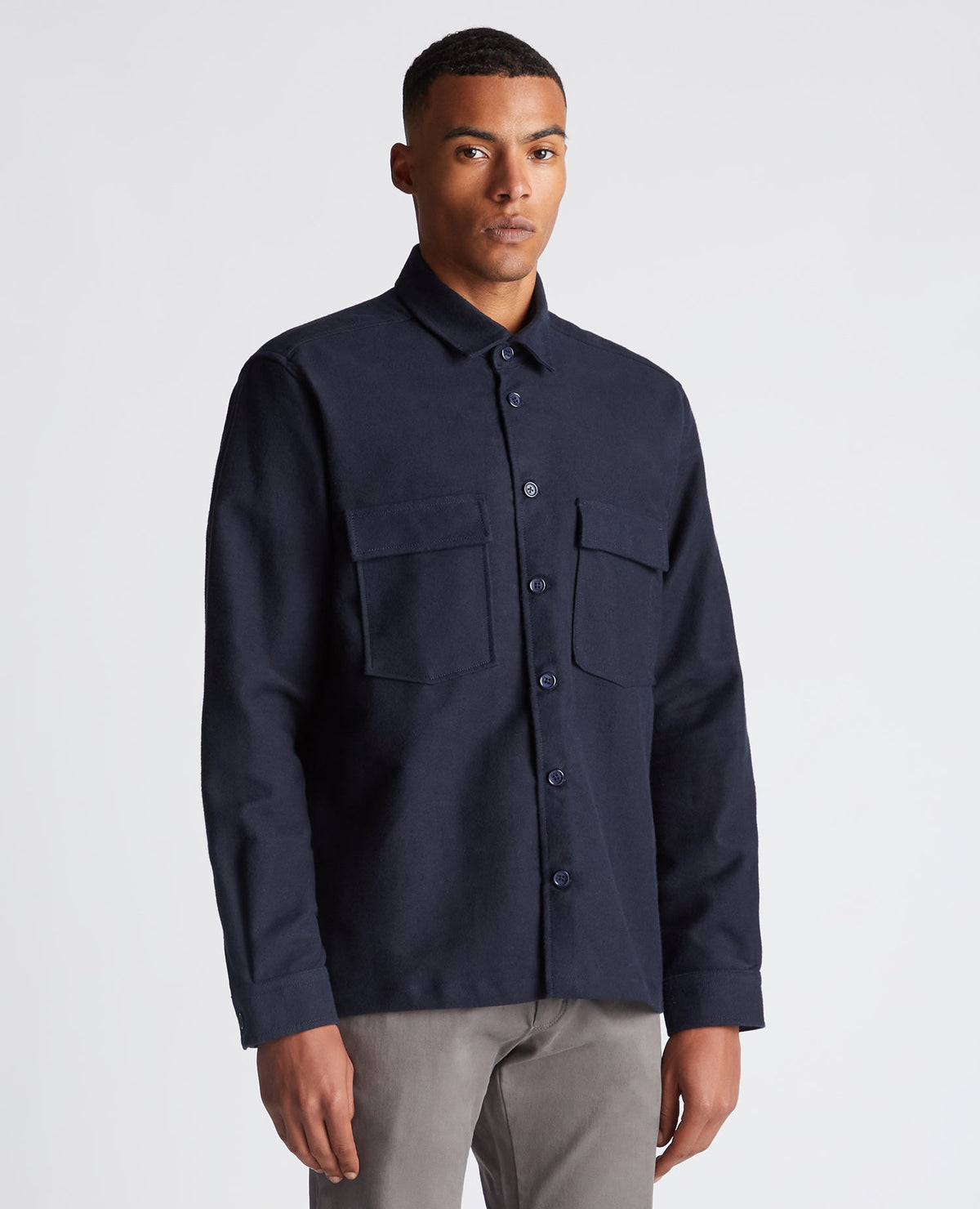 Man wearing a navy Regular Fit Heavyweight Cotton Overshirt