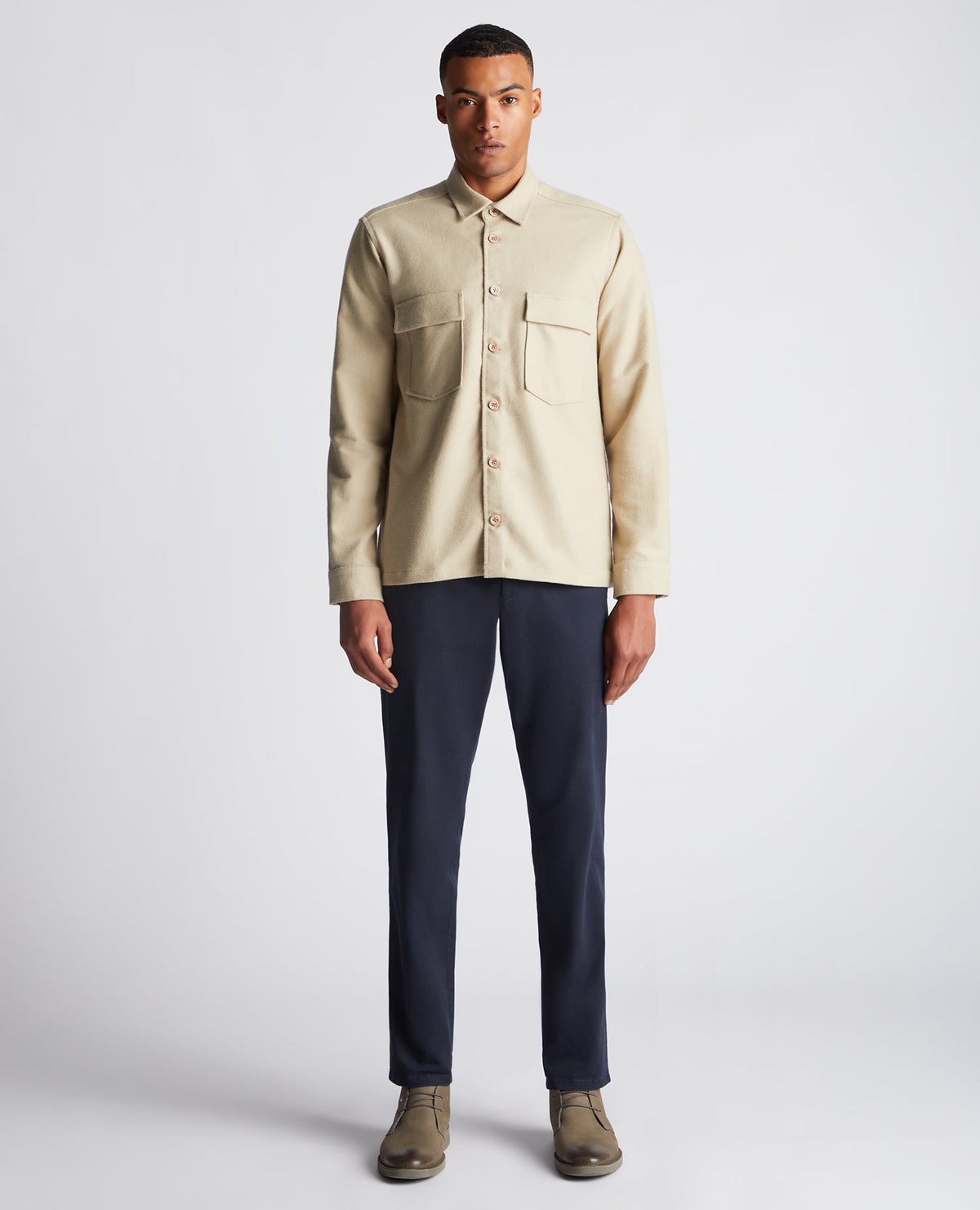Man wearing a sand Regular Fit Heavyweight Cotton Overshirt