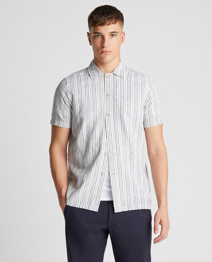 Tapered Fit Striped Cotton-Linen Short Sleeve Shirt