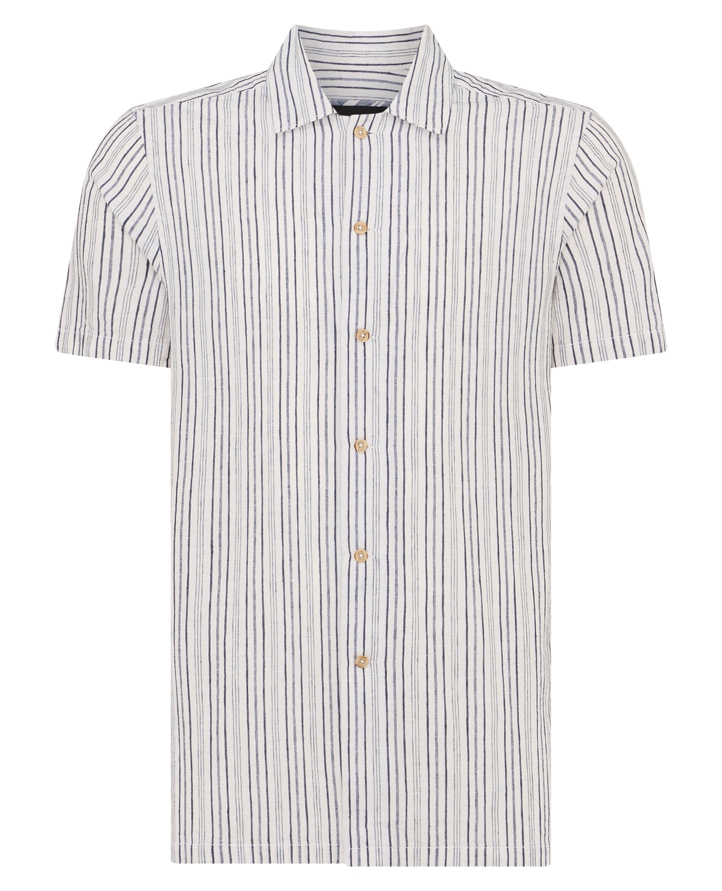Tapered Fit Striped Cotton-Linen Short Sleeve Shirt