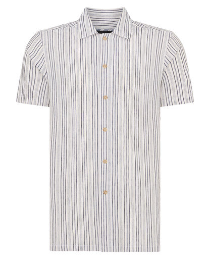 Tapered Fit Striped Cotton-Linen Short Sleeve Shirt