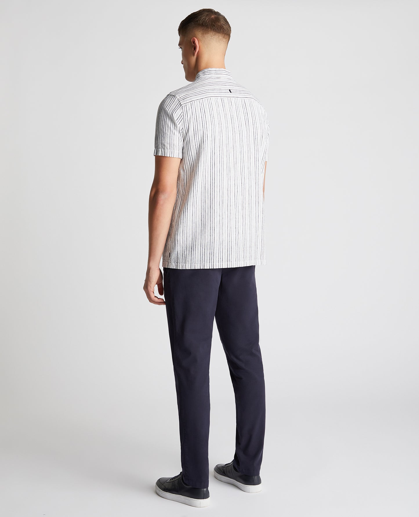 Tapered Fit Striped Cotton-Linen Short Sleeve Shirt
