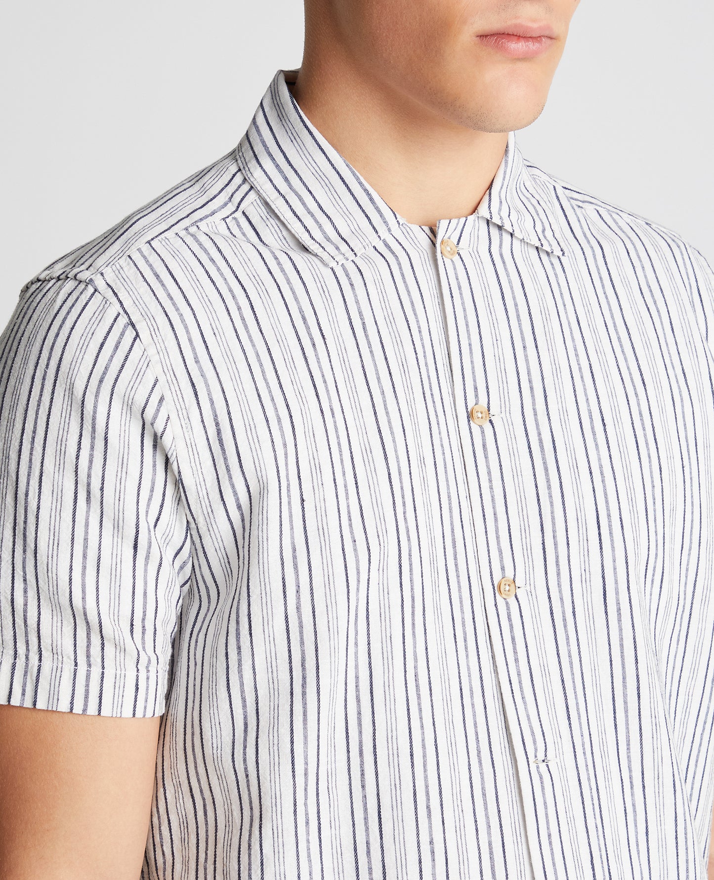Tapered Fit Striped Cotton-Linen Short Sleeve Shirt