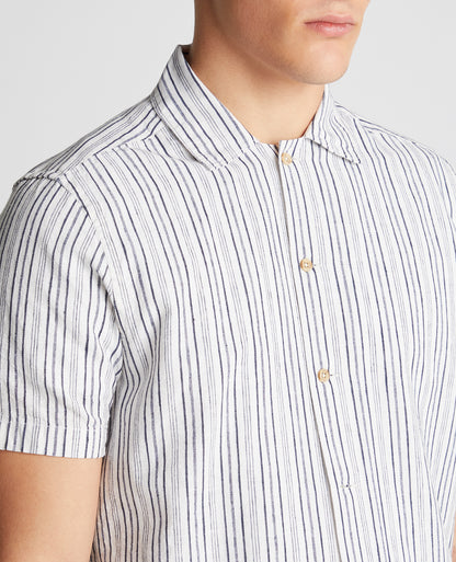 Tapered Fit Striped Cotton-Linen Short Sleeve Shirt