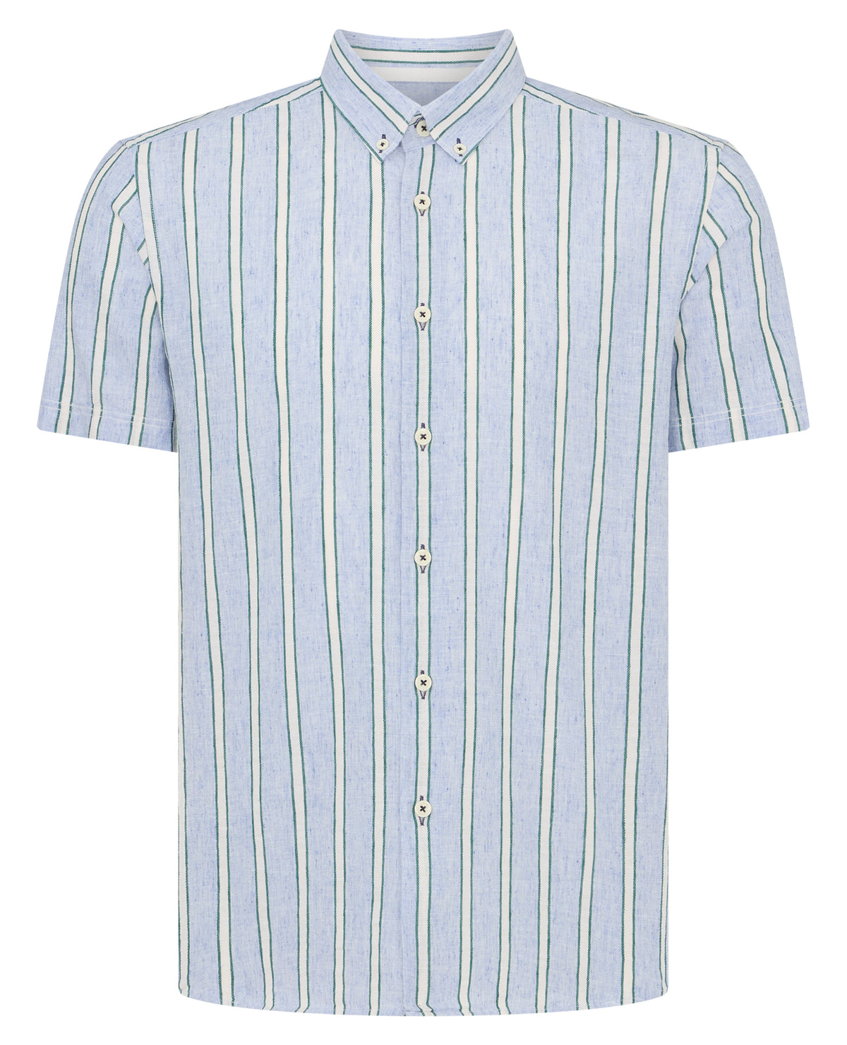 Man wearing a blue Slim Fit Striped Cotton-Linen Shirt
