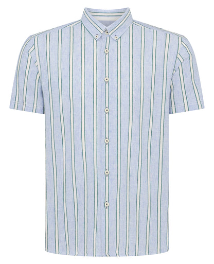 Man wearing a blue Slim Fit Striped Cotton-Linen Shirt