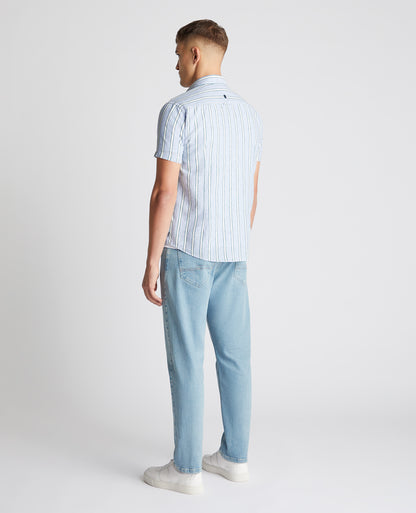 Man wearing a blue Slim Fit Striped Cotton-Linen Shirt
