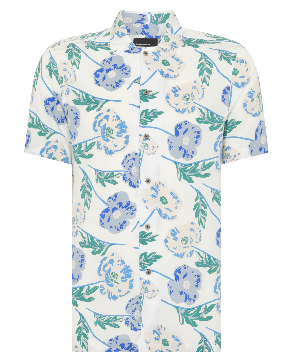 Man wearing a blue Tapered Fit Cotton Short Sleeve Floral Shirt