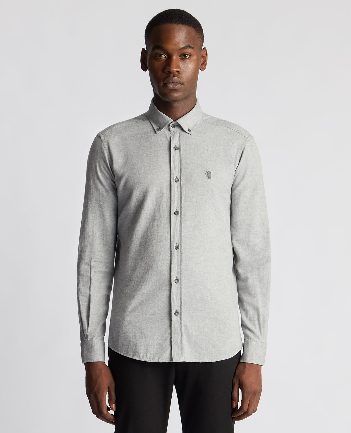 Man wearing a grey Tapered Fit Brushed Cotton Shirt