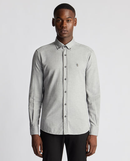 Man wearing a grey Tapered Fit Brushed Cotton Shirt