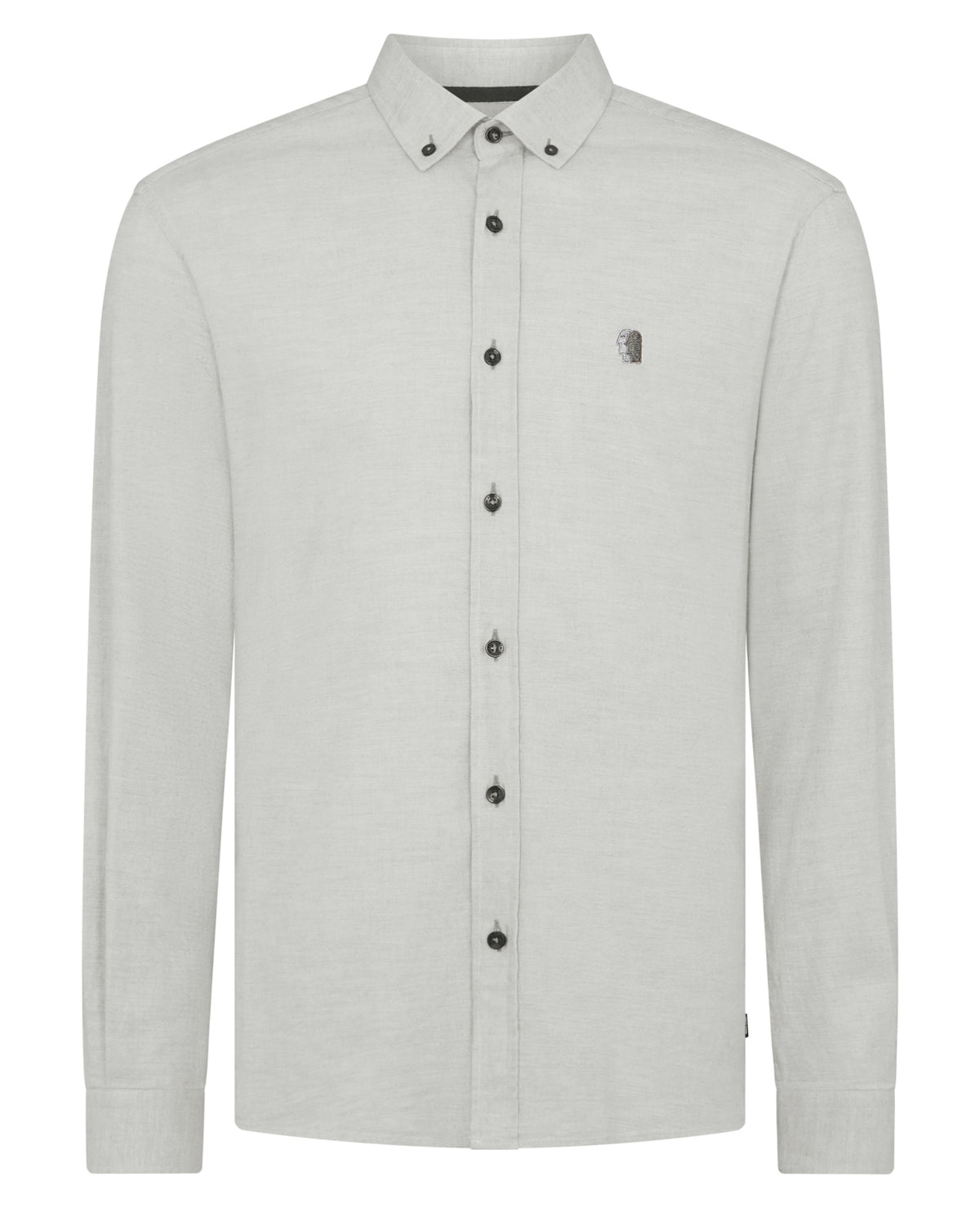 Man wearing a grey Tapered Fit Brushed Cotton Shirt