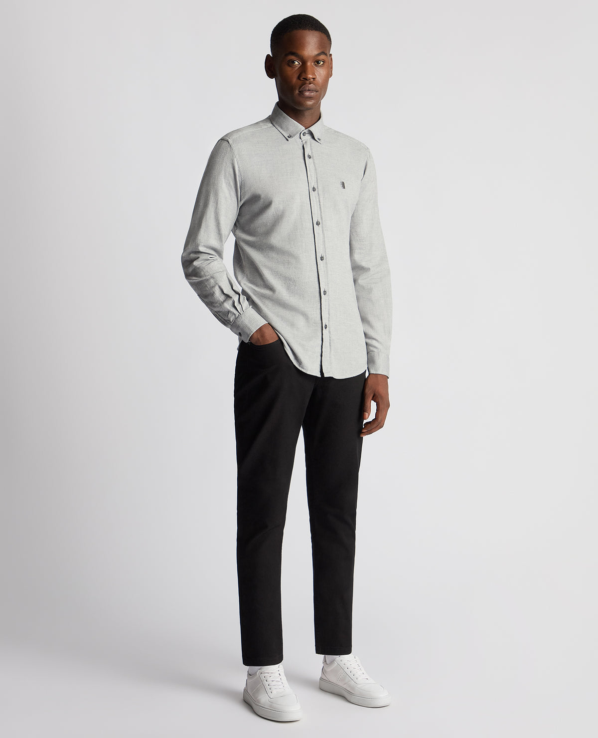 Man wearing a grey Tapered Fit Brushed Cotton Shirt