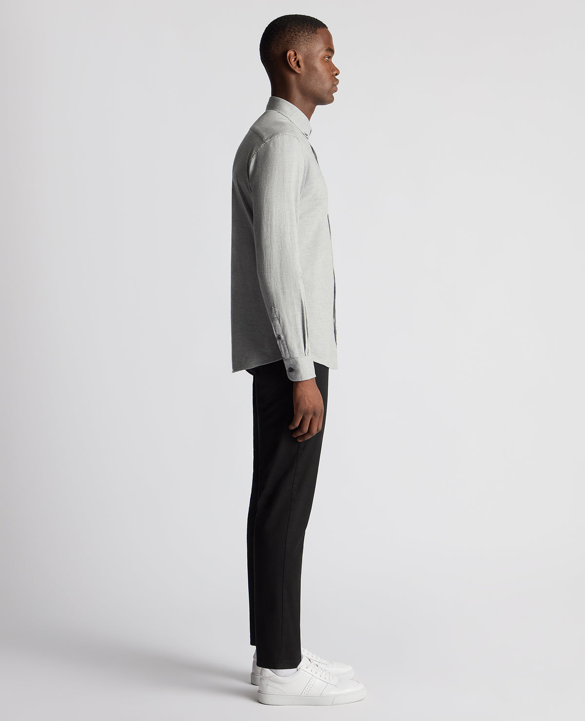 Man wearing a grey Tapered Fit Brushed Cotton Shirt