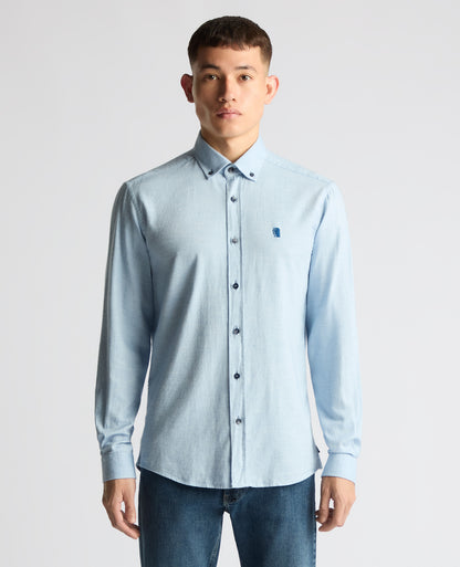 Man wearing a blue Tapered Fit Brushed Cotton Shirt