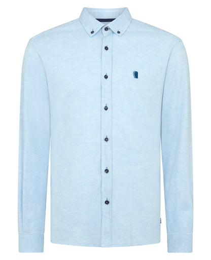 Man wearing a blue Tapered Fit Brushed Cotton Shirt