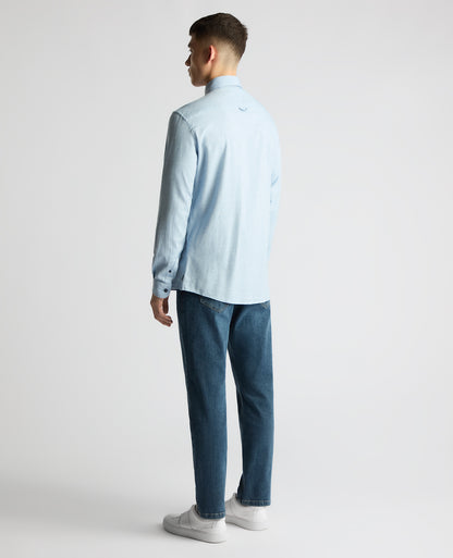 Man wearing a blue Tapered Fit Brushed Cotton Shirt