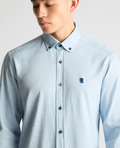 Man wearing a blue Tapered Fit Brushed Cotton Shirt